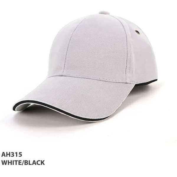 A white and black cap with surrounding piping and a logo, featuring a structured design and curved peak.