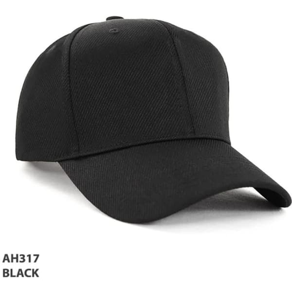 A black cap with a curved brim and a fitted design, featuring a logo on the front.