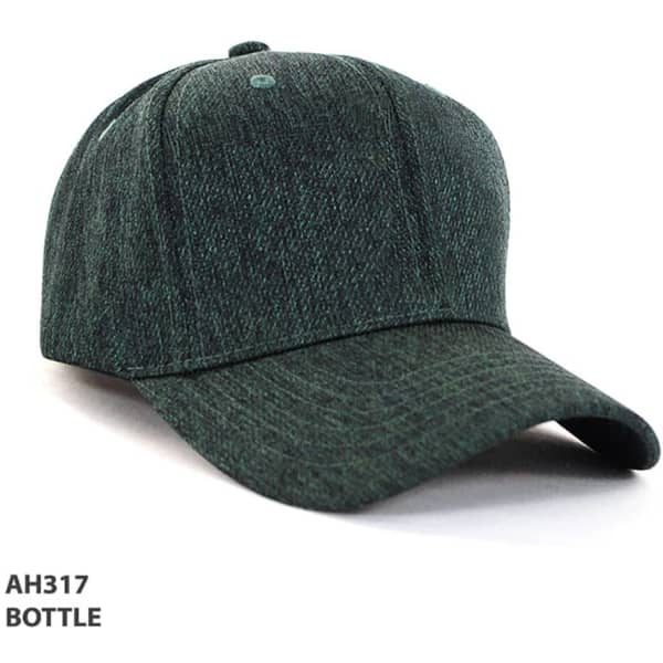 A green cap with a textured fabric and a curved brim, featuring a logo on the front.