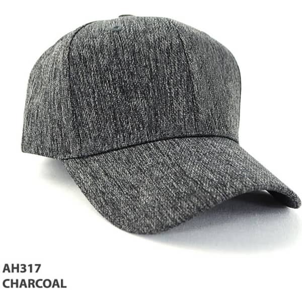A charcoal grey cap with a textured fabric design and a branded logo on the front.