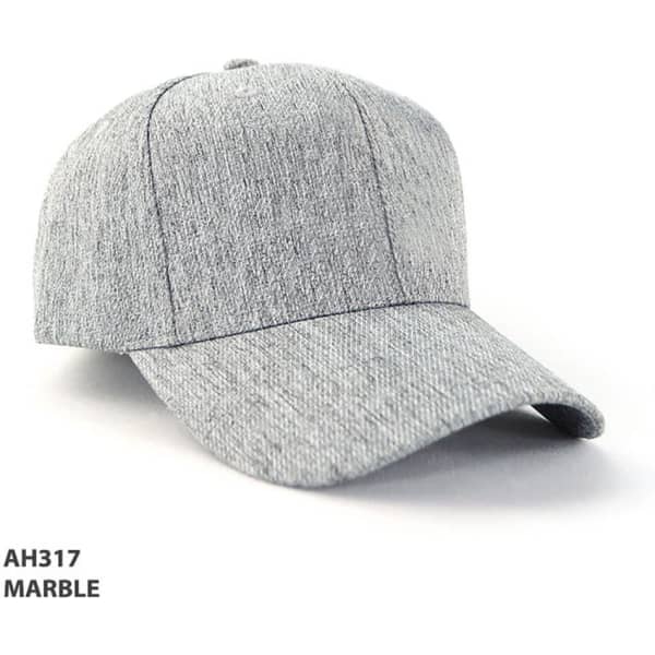 A grey marble cap with a structured design and a curved brim, featuring a logo on the front.