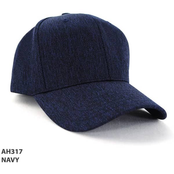 A navy cap with a textured fabric design and a curved peak, featuring a logo on the front.