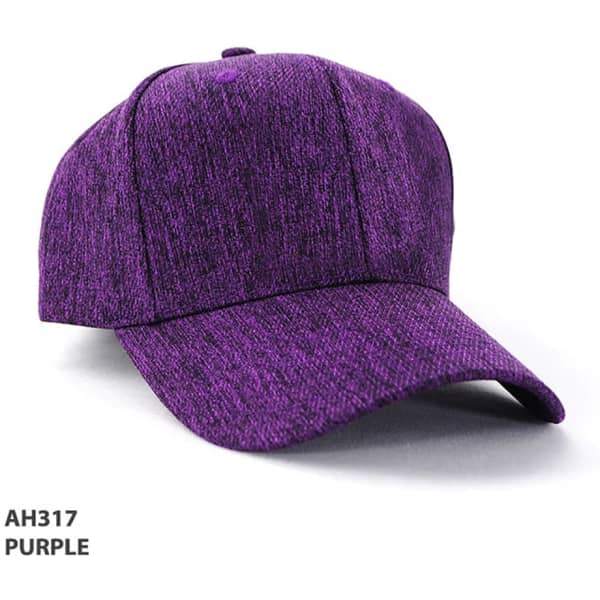A purple cap with a textured fabric and a curved brim, featuring a logo on the front.