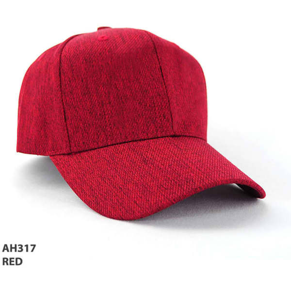 A red cap with a textured fabric and a curved brim, featuring a logo on the front.