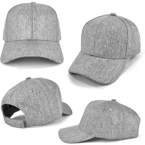 A grey cap in various angles, featuring a textured fabric and an adjustable strap at the back. It has a logo.