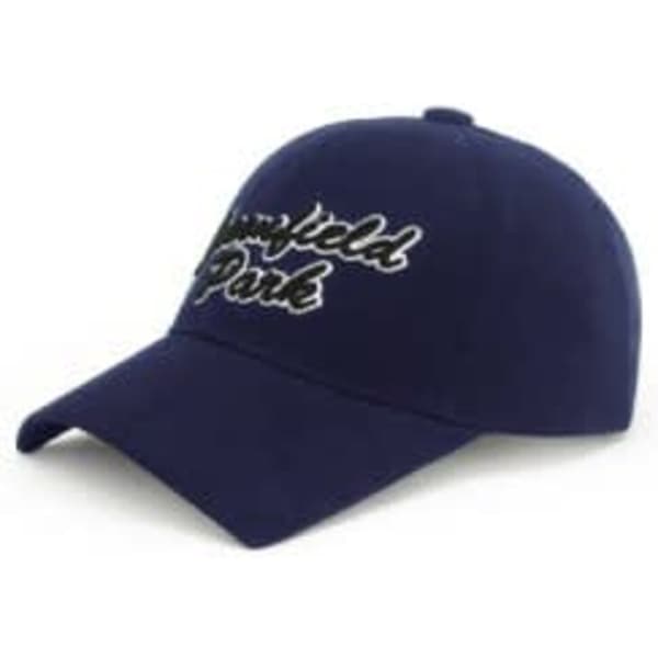 A navy peak cap with embroidered text and a logo on the front.