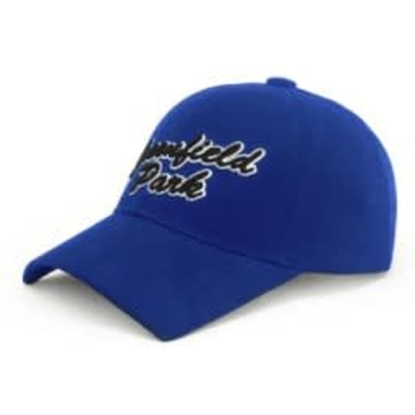 A blue peak cap featuring a logo and embroidered text on the front.
