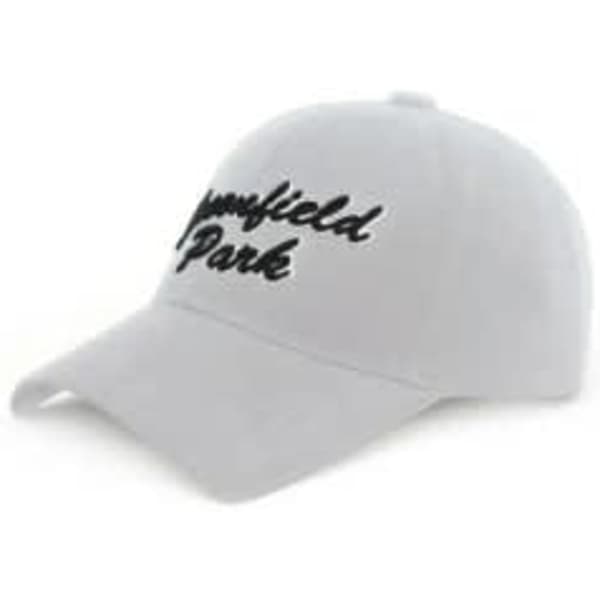 A light grey cap with a curved brim and a branded logo on the front, featuring embroidered text.