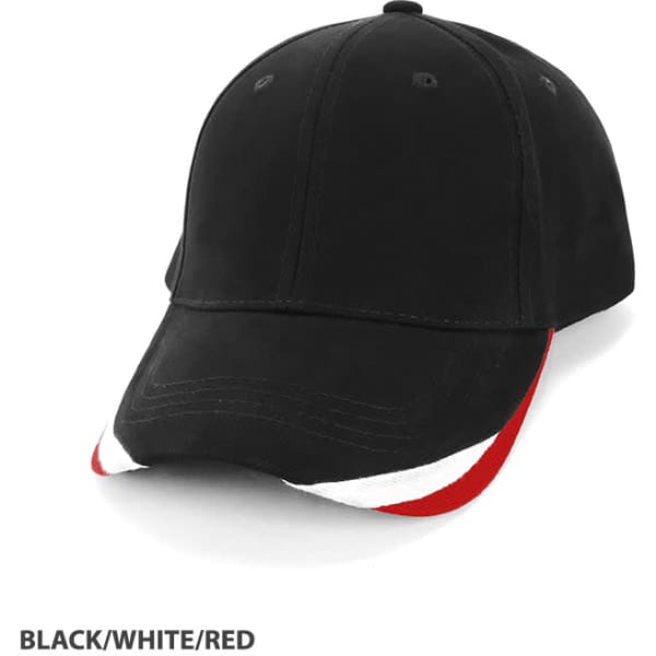 A black, white, and red cap with a curved peak and a branding logo.