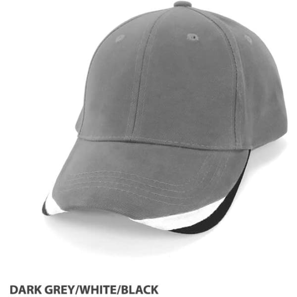 A dark grey cap with a white and black peak, featuring a logo on the front.
