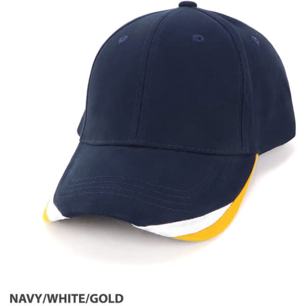 A navy cap with a white and gold striped peak and a logo on the side. Suitable for headwear collection.