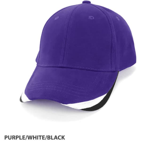 A purple cap with white and black detailing, featuring a branded logo.