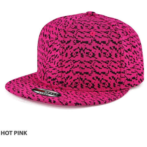 A hot pink cap with a patterned design and a logo on the front.
