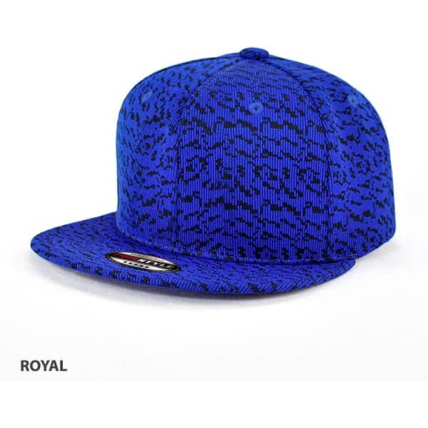A blue cap with a patterned design and a flat brim. It features a logo on the front.
