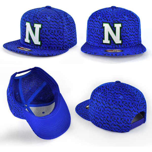 A blue cap featuring a patterned design and a logo on the front, with a snapback closure at the back.