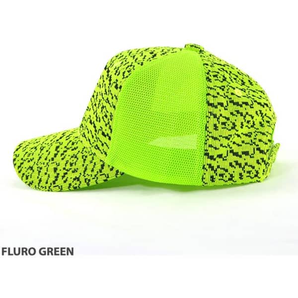 A vibrant fluro green cap with a mesh back and a patterned design, featuring a logo on the front.