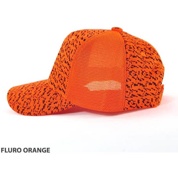 A fluro orange cap with a textured pattern and mesh panels, featuring a logo on the side.