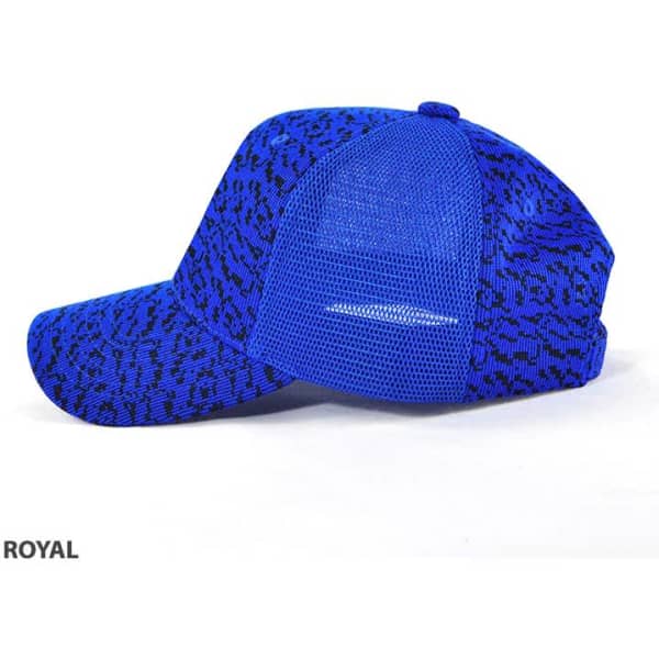 A blue cap featuring a textured pattern and mesh back, with a curved brim and a logo on the side.