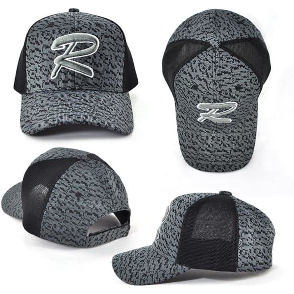 A grey patterned cap featuring a black mesh backing and a logo on the front.
