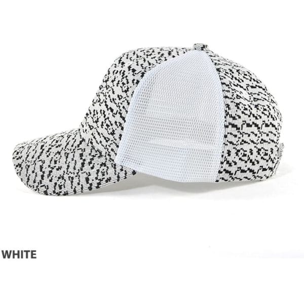 A white cap with a patterned front and a mesh back, featuring a logo.