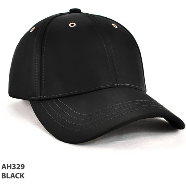 A black cap with a curved brim, featuring gold eyelets and stitching, and a logo on the front.
