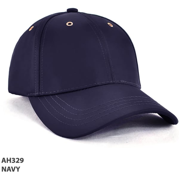 A navy cap with a curved brim, featuring ventilation eyelets and a logo.