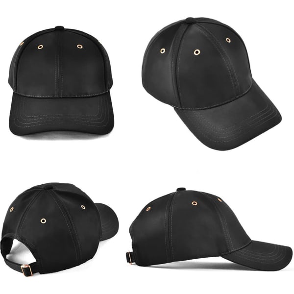 A black cap featuring multiple ventilation eyelets, adjustable strap, and a sleek design. Includes a logo on the front.