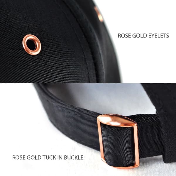 A black cap featuring rose gold eyelets and a rose gold tuck in buckle. The cap has a sleek design.