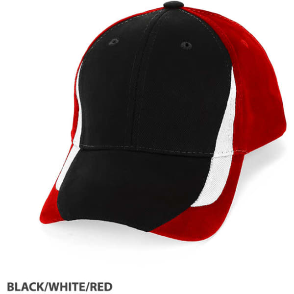 A black, white, and red cap featuring a sporty three-tone design and a logo on the front.