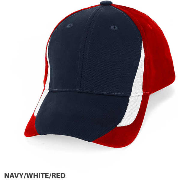 A cap featuring a navy, white, and red design, with a logo on the front.