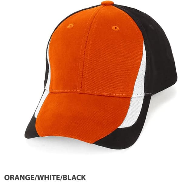 A cap featuring a three-tone design in orange, white, and black with a logo on the front.