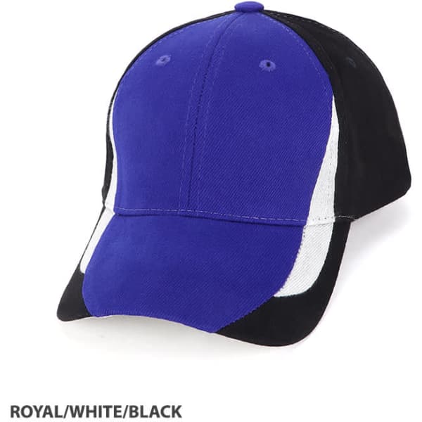 A cap featuring a three-tone design in royal blue, white, and black, with a logo on the front.