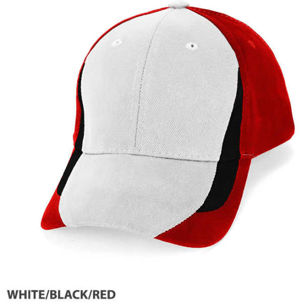 A three-tone cap featuring white, black, and red colours with a branded logo.