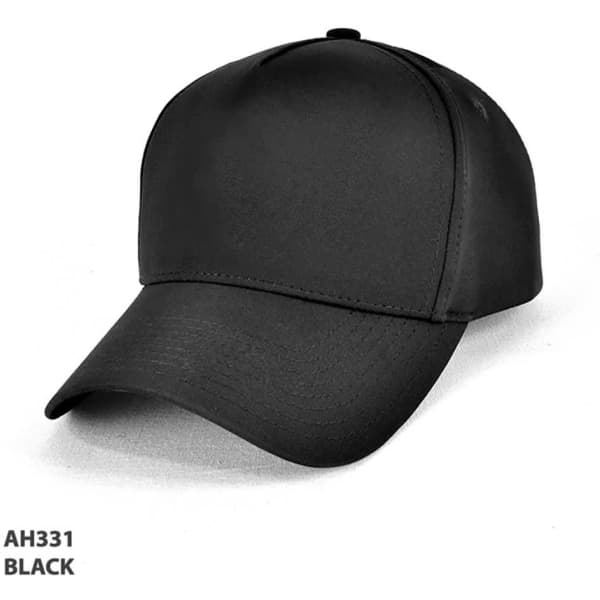 A black D-Lux 5 Panel Cap featuring a smooth finish and a curved brim. It includes a logo on the front.