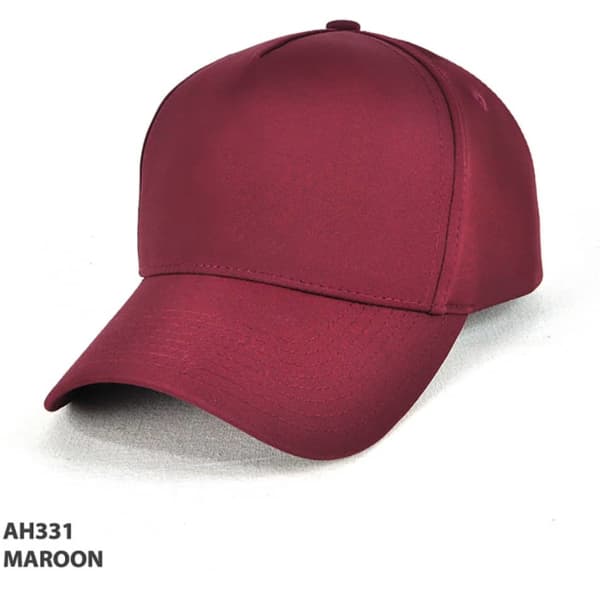 A maroon D-Lux 5 Panel Cap with a sleek design and a rounded peak. Features a branding logo.