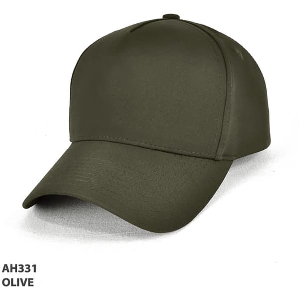 An olive green 5 panel cap with a curved brim and a logo on the front.