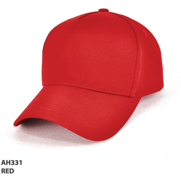 A red D-Lux 5 Panel Cap with a curved brim, featuring an unbranded logo.