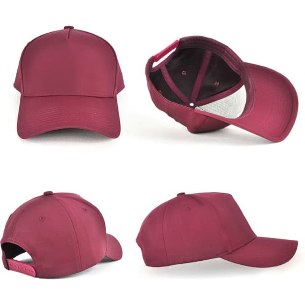 A burgundy D-Lux 5 Panel Cap displayed from multiple angles, featuring a branding logo.