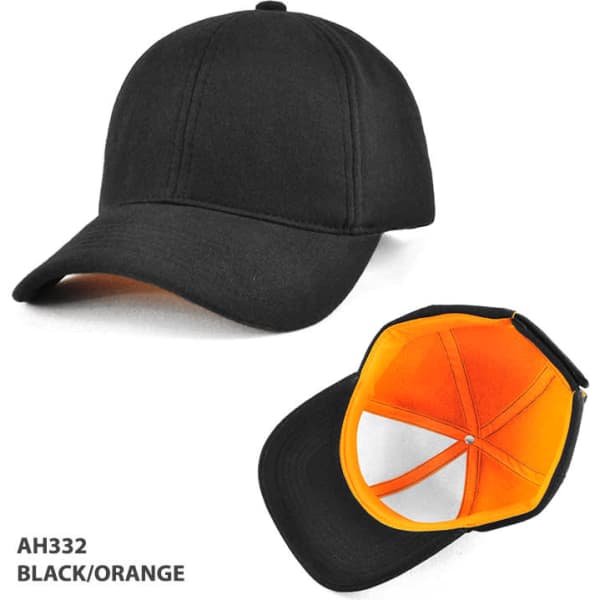 A black and orange cap with a curved brim and a logo. The interior features an orange lining.