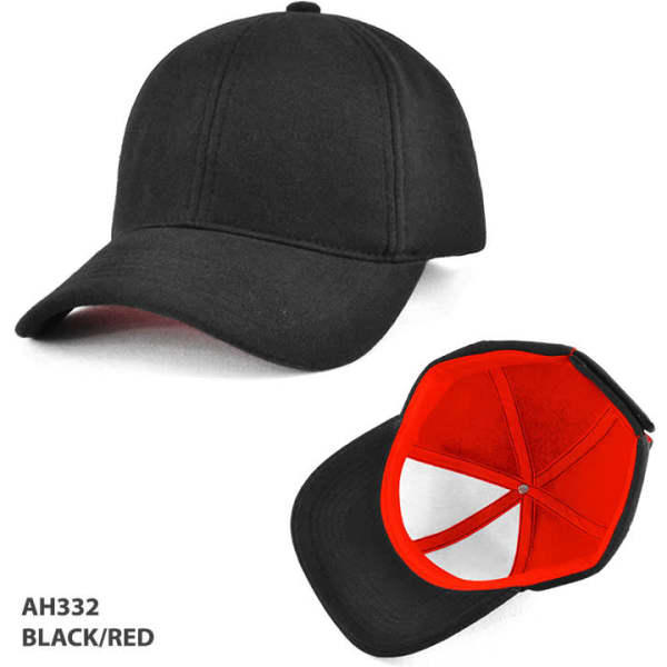 A black and red cap featuring a curved brim and an inner lining in red. It has a logo on the side.