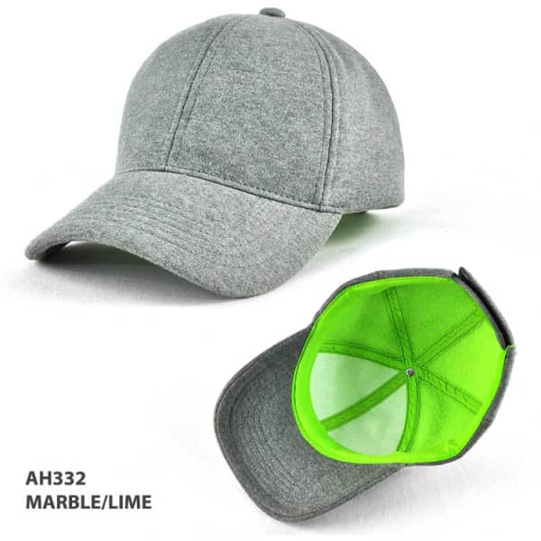 A grey cap with a lime green interior and a logo. Features a classic structured design.