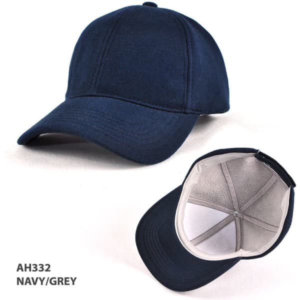 A navy and grey cap with a curved brim and an inner lining, featuring a branded logo.