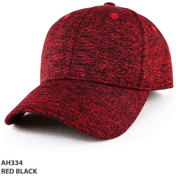A cap in a red and black marled pattern with a curved brim and a logo. Ideal for headwear.