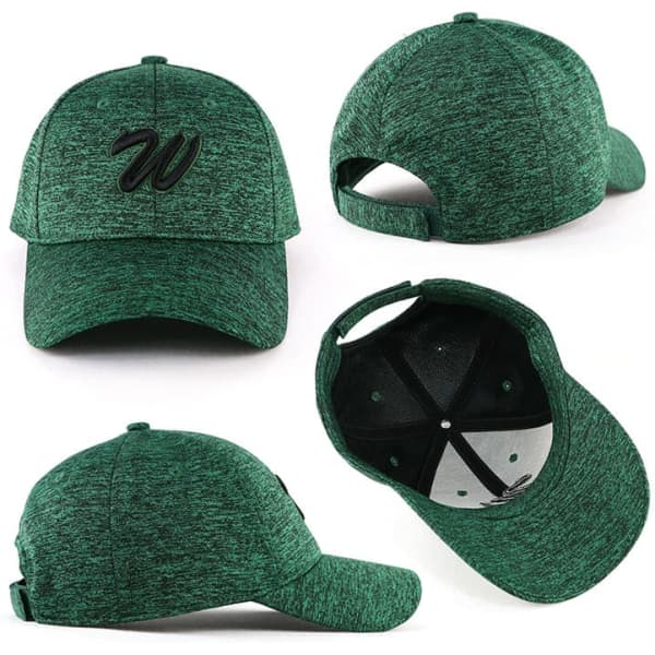 A green cap with a textured pattern and a logo, viewed from multiple angles, including inside.