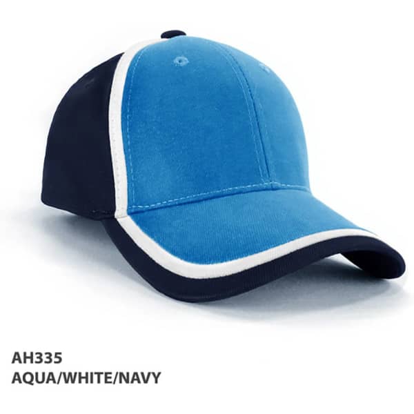 Aqua cap with white and navy trim, featuring a logo on the front.