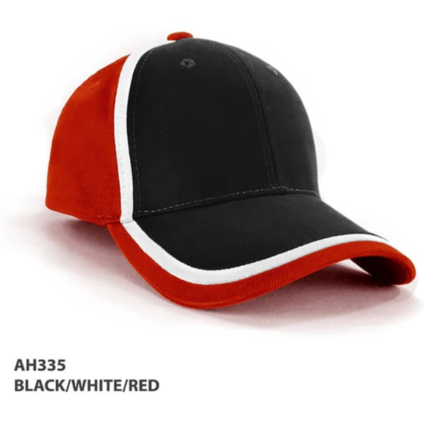 A cap featuring a black crown, red brim, and white double trim, accompanied by a logo.