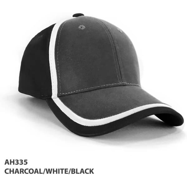 A cap in charcoal with white and black double trim, featuring a branded logo.