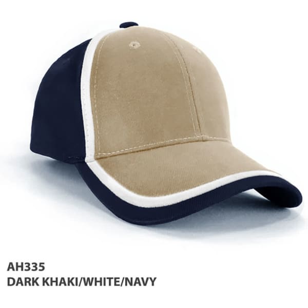 A cap featuring a dark khaki front with navy sides and white trim, complete with a logo.