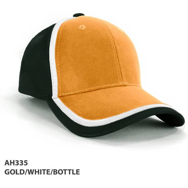 A cap with a gold front, black and white trim, featuring a logo.