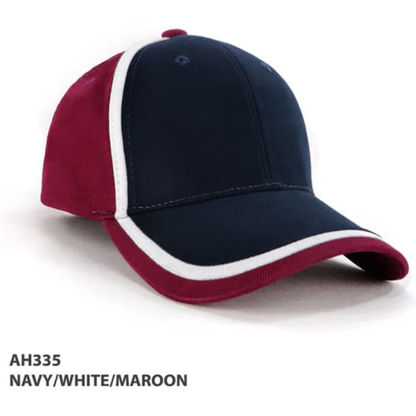 A navy, white, and maroon cap featuring a double trim design and a logo on the front.